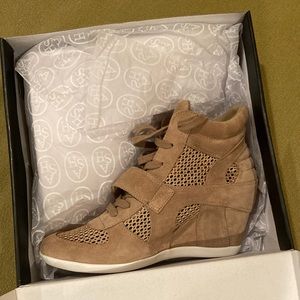 Ash Limited Bowie Mesh and Suede Wedge Sneakers 39 Biscuit